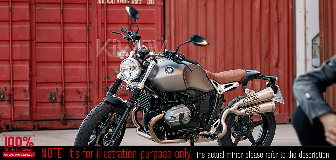 KiWAV motorcycle Two-tone LED neat stem mirrors Lucifer black for BMW 10mm 1.5 pitch Magazi
