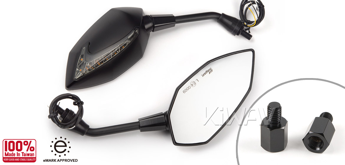 KiWAV motorcycle Two-tone LED neat stem mirrors Lucifer black for BMW 10mm 1.5 pitch Magazi