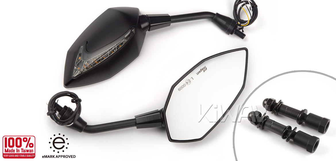 KiWAV motorcycle Two-tone LED neat stem mirrors Lucifer black compatible with Triumph 25mm handlebar and go-through mounts