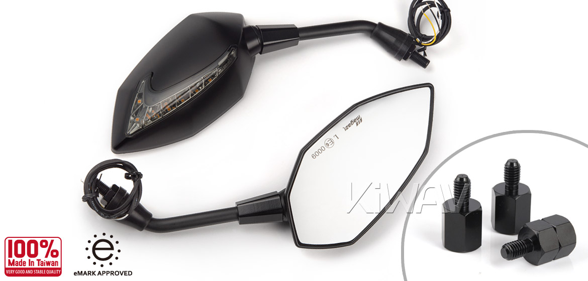 KiWAV motorcycle Two-tone LED neat stem mirrors Lucifer black for Metric 8mm scooters Magazi