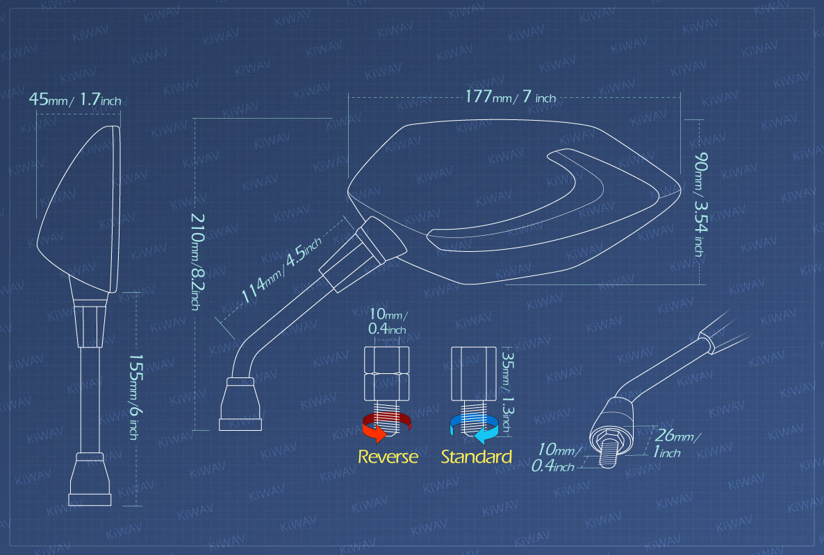 Measurement of KiWAV motorcycle mirrors Lucifer LED neat stem Metric 10mm YAMAHA