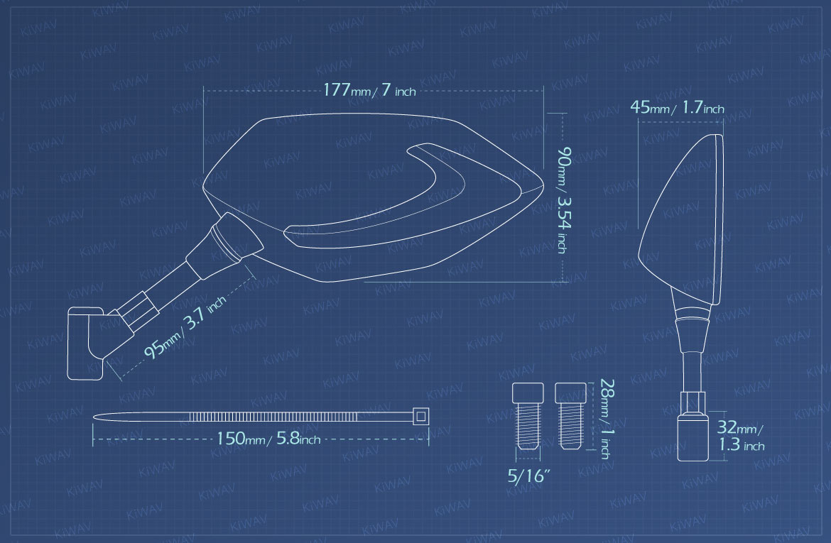 Measurement of KiWAV motorcycle Two-tone LED mirrors Lucifer carbon for Harley Davidson Street 500/750