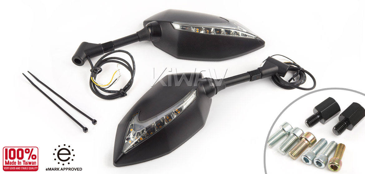 KiWAV Lucifer black LED motorcycle mirrors fit BMW