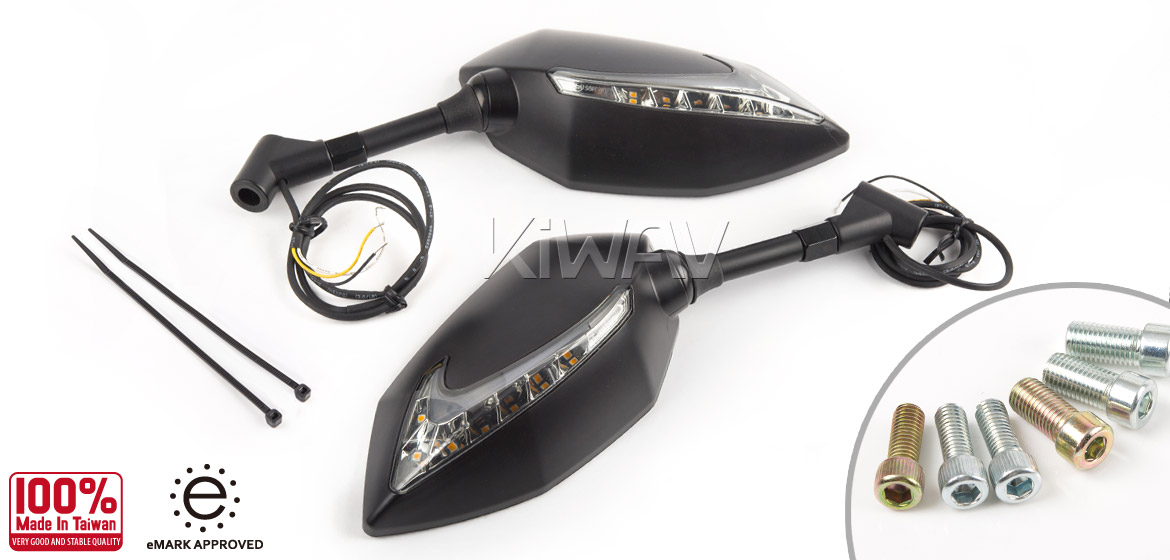 KiWAV Lucifer black LED motorcycle mirrors fit scooter