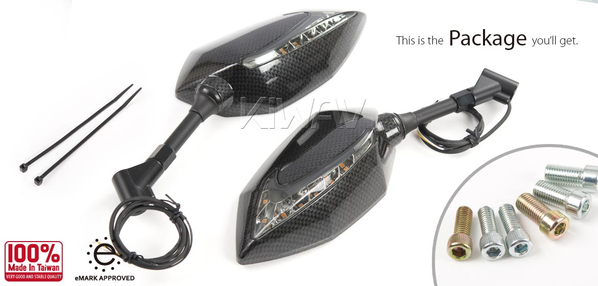 KiWAV motorcycle Two-tone LED mirrors Lucifer carbon for metric 8/10mm thread Magazi