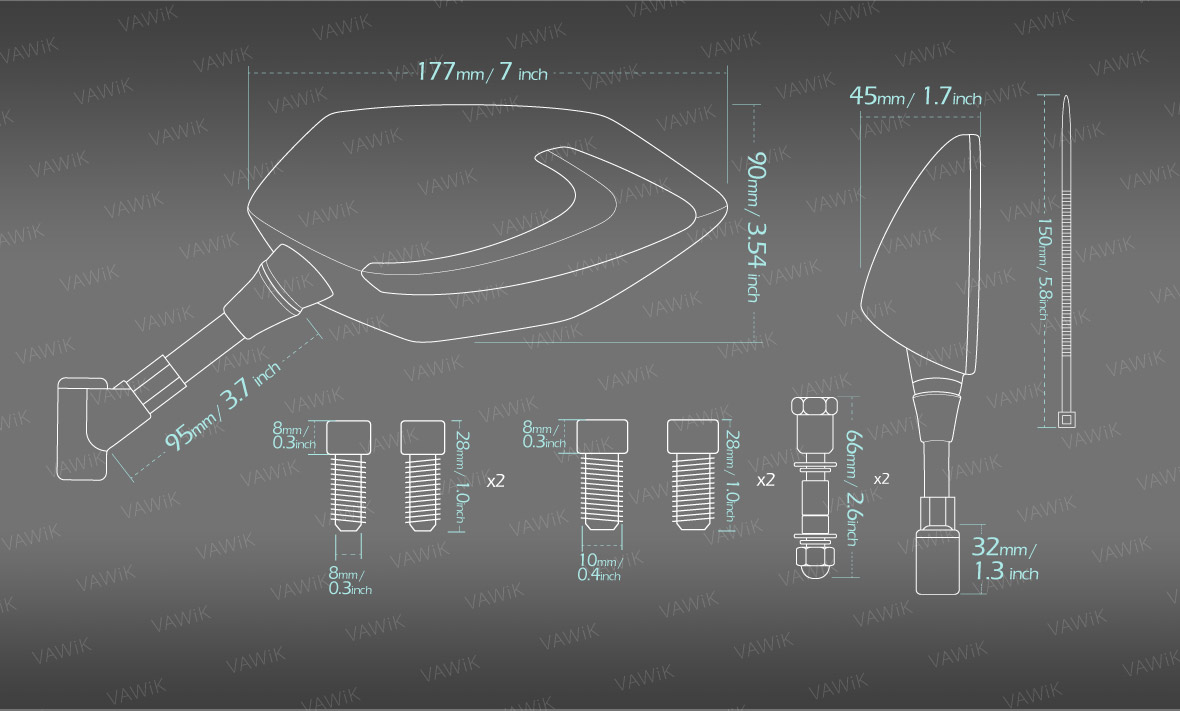 Measurement of VAWiK motorcycle Two-tone LED mirrors Lucifer carbon for Harley Davidson
