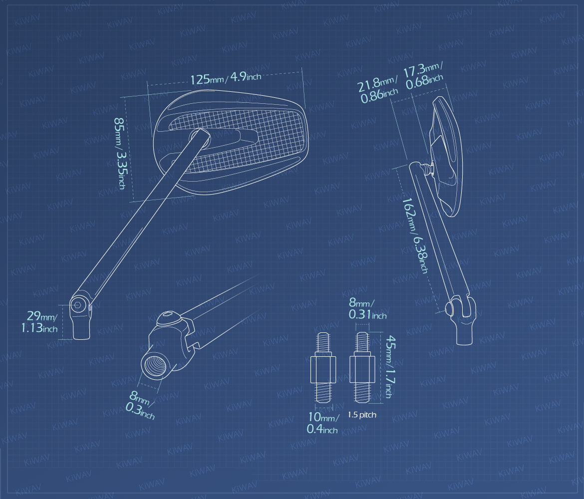 Measurement of KiWAV motorcycle mirrors Mamba compatible for most BMW