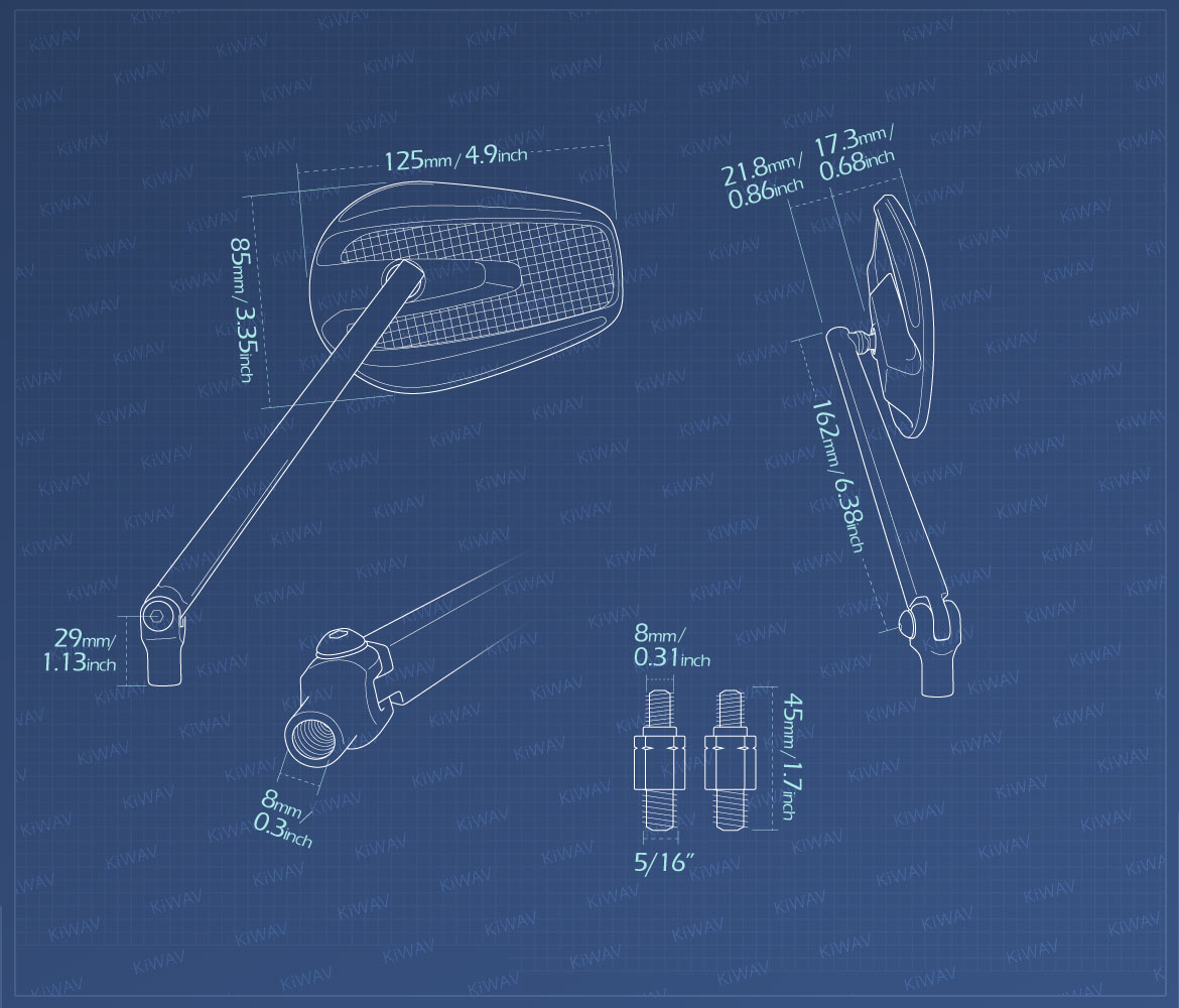 Measurement of KiWAV motorcycle mirrors Mamba compatible for Harley Davidson Street 500/ 750