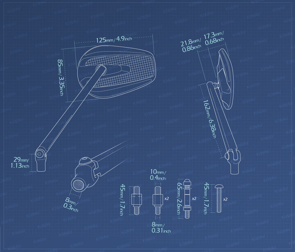 Measurement of KiWAV motorcycle mirrors Mamba universal fit for 10mm mirror thread and Harley Davidson