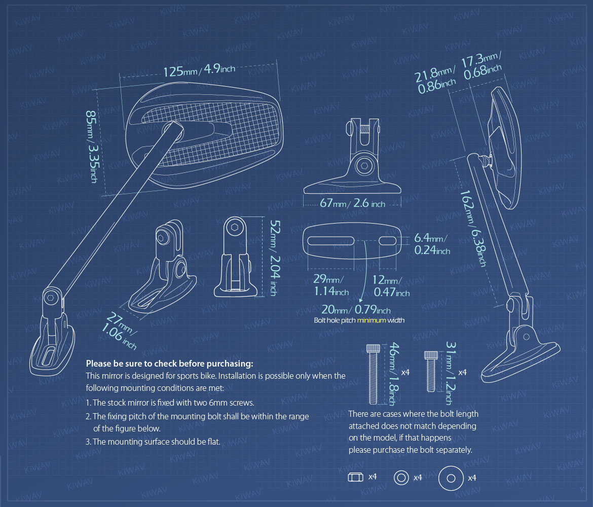 Measurement of KiWAV motorcycle mirrors Mamba fairing mount rearview mirrors for sportbikes