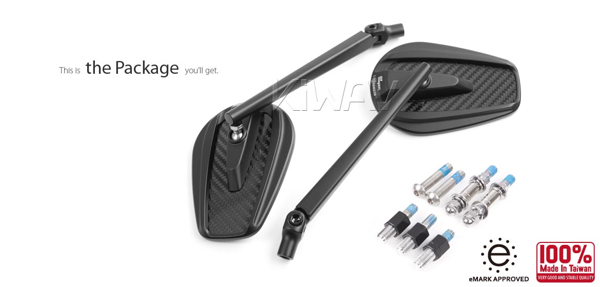 True carbon fiber KiWAV motorcycle mirrors Mamba black universal fit for 10mm mirror thread and Harley Davidson