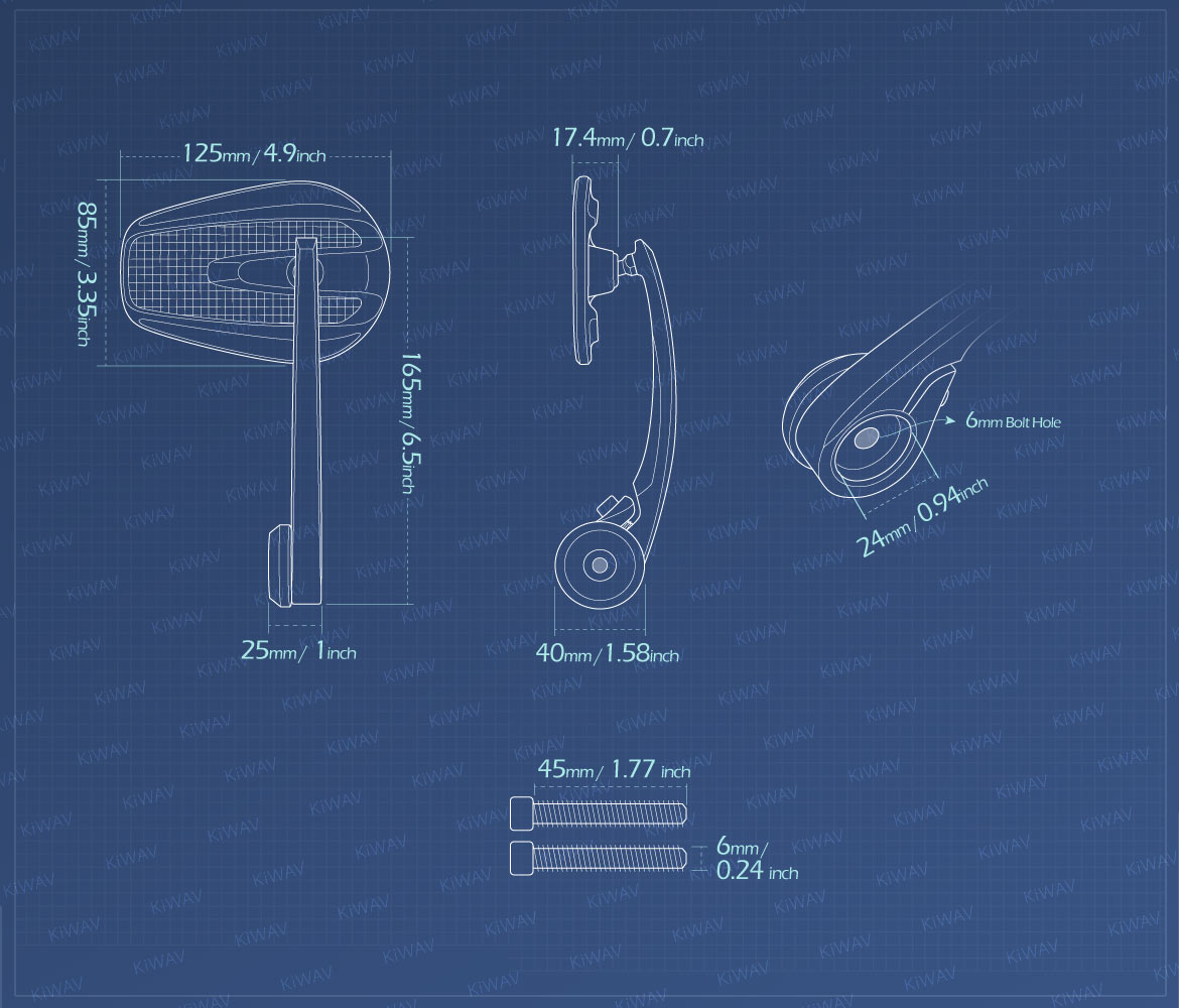 Measurement of KiWAV heavy weight mirrors Mamba carbon for M6 mirror threaded handlebars motorcycles