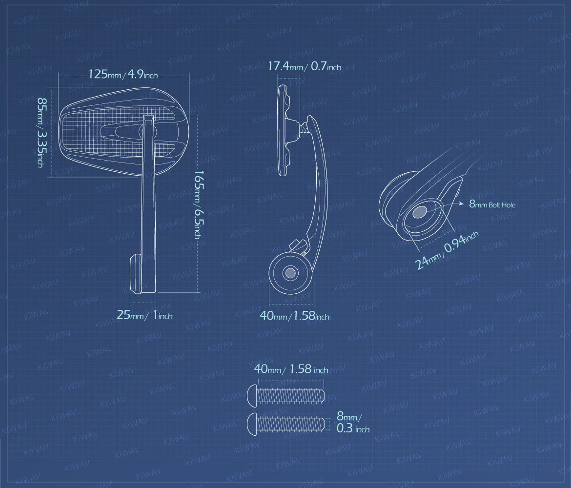 Measurement of KiWAV bar end mirrors Mamba carbon for M8 mirror threaded handlebars motorcycles