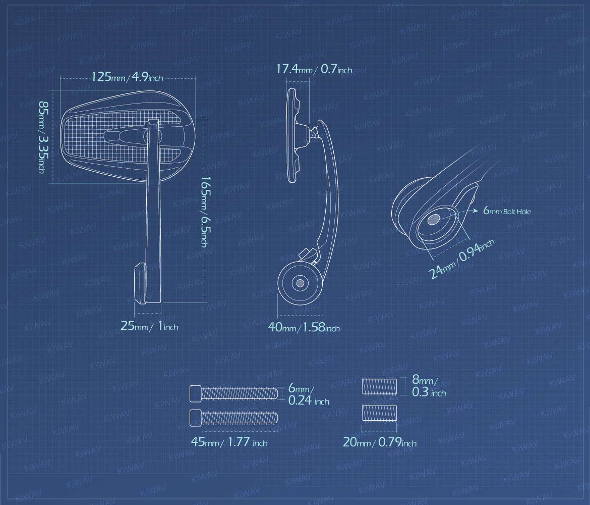 Measurement of KiWAV bar end mirrors Mamba carbon for M8 mirror threaded handlebars motorcycles