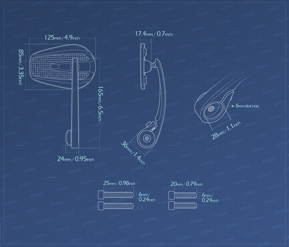 Measurement of KiWAV bar end mirrors Mamba carbon compatible for Triumph water-cooled motorcycles