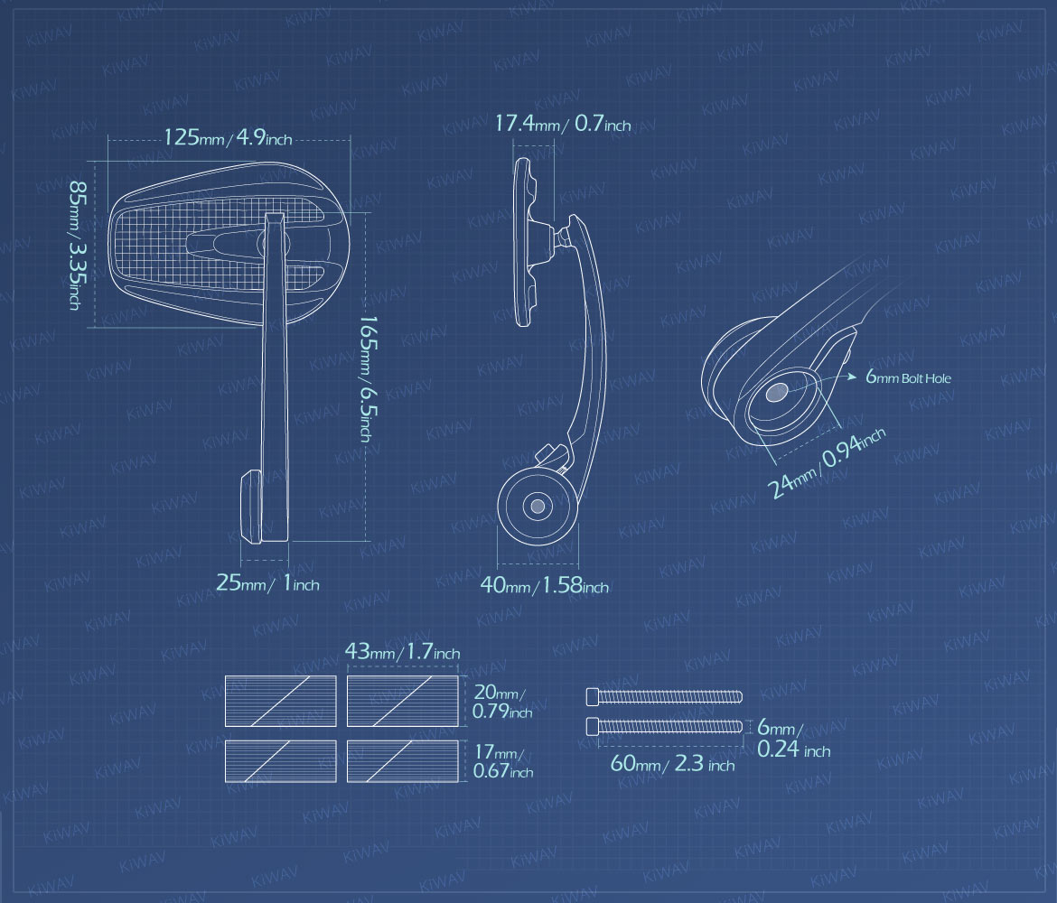 Measurement of KiWAV bar end mirrors Mamba carbon for 1inch & 1-1/4inch hollow end handlebars motorcycles