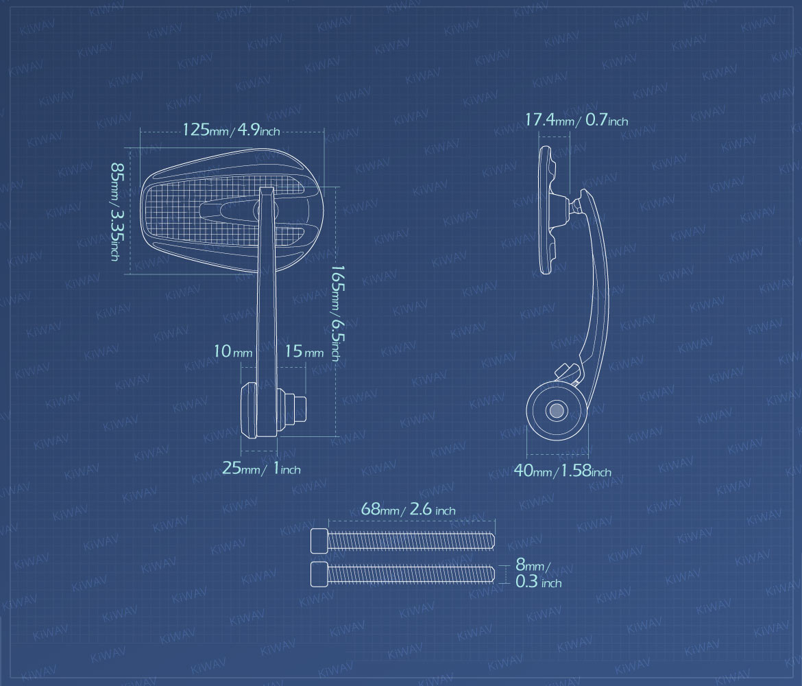 Measurement of KiWAV bar end mirrors Mamba carbon compatible for Indian Scout Bobber motorcycles