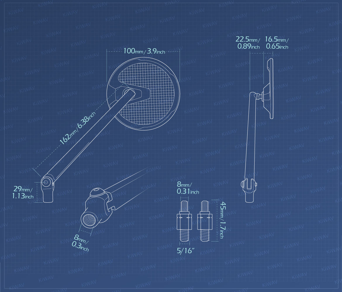 Measurement of KiWAV motorcycle mirrors Mamba Round compatible for Harley Davidson Street 500/ 750