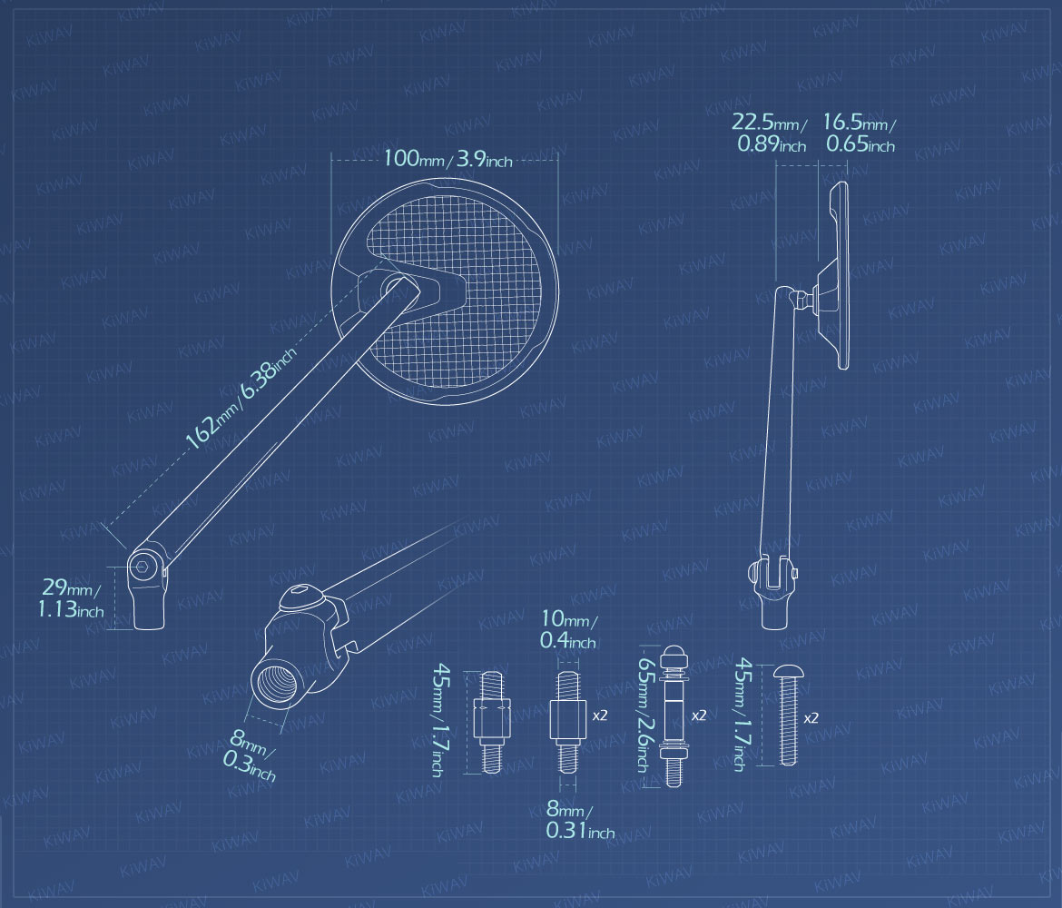 Measurement of KiWAV motorcycle mirrors Mamba Round universal fit for 10mm mirror thread and Harley Davidson