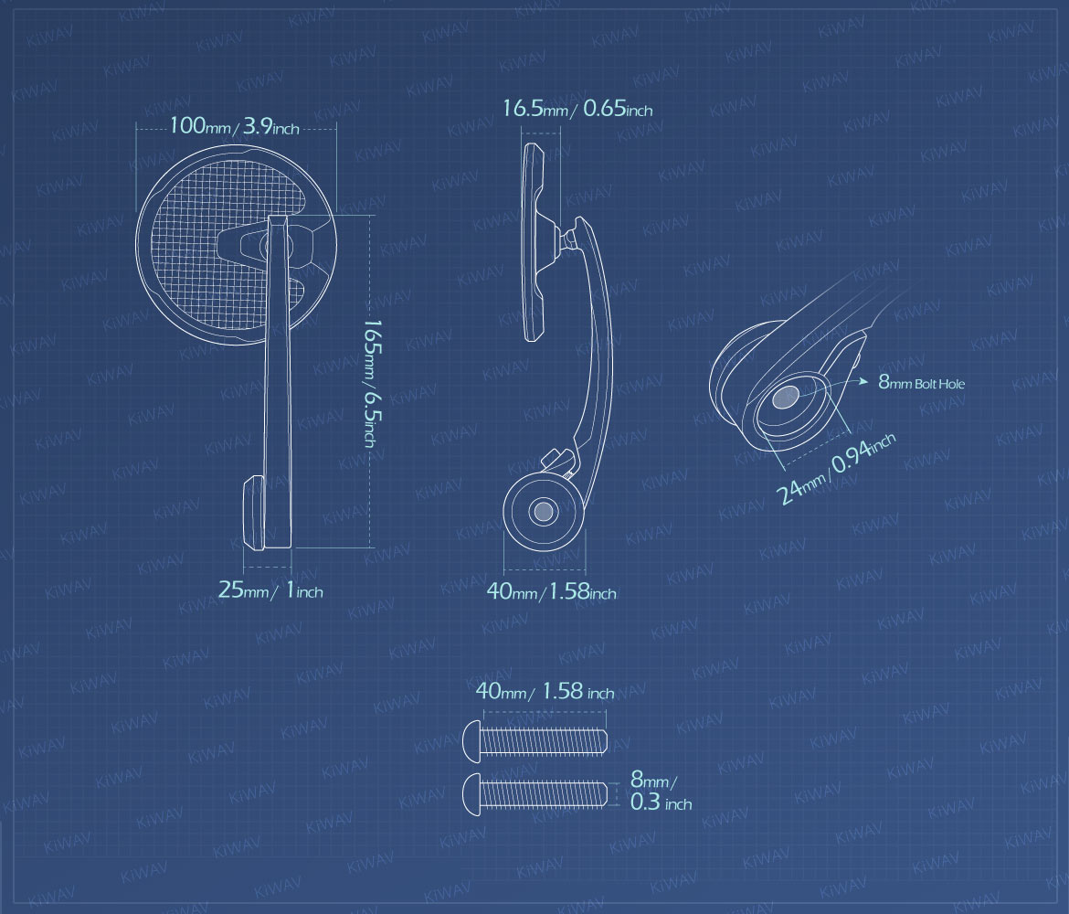 Measurement of KiWAV bar end mirrors Mamba Round carbon for M8 mirror threaded handlebars motorcycles