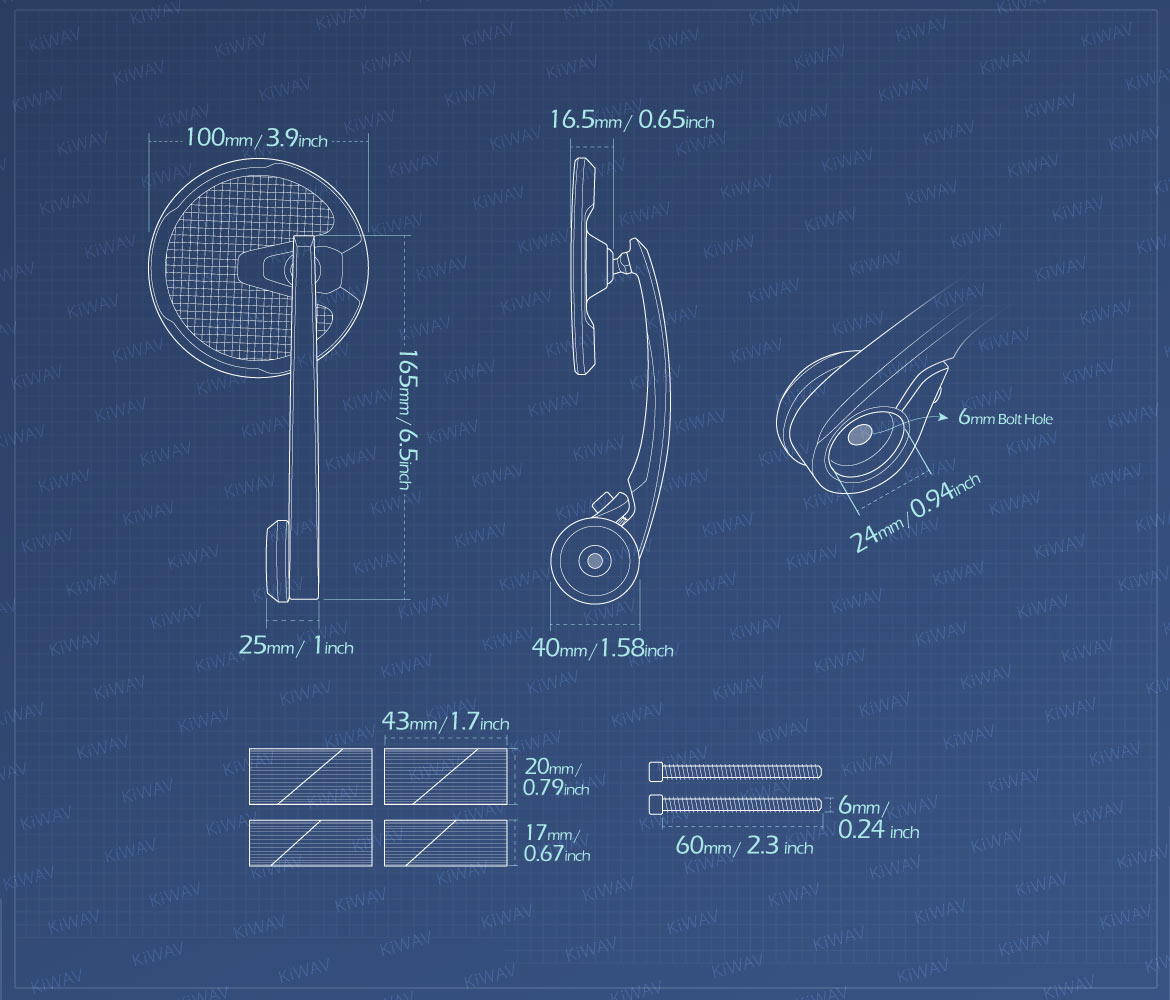 Measurement of KiWAV bar end mirrors Mamba Round carbon for 1inch & 1-1/4inch hollow end handlebars motorcycles