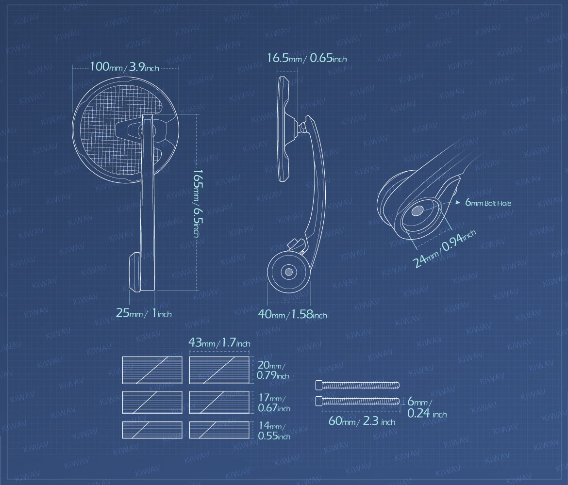 Measurement of KiWAV bar end mirrors Mamba Round carbon for 7/8, 1, 1-1/4 inch inch hollow end handlebars motorcycles