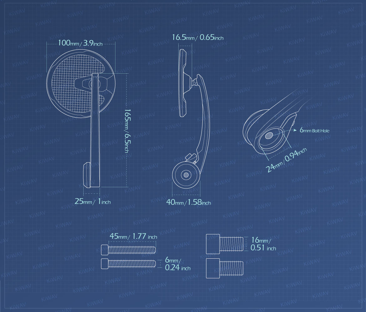 Measurement of KiWAV heavy weight mirrors Mamba Round carbon compatible for Yamaha M16 threaded handlebars motorcycles