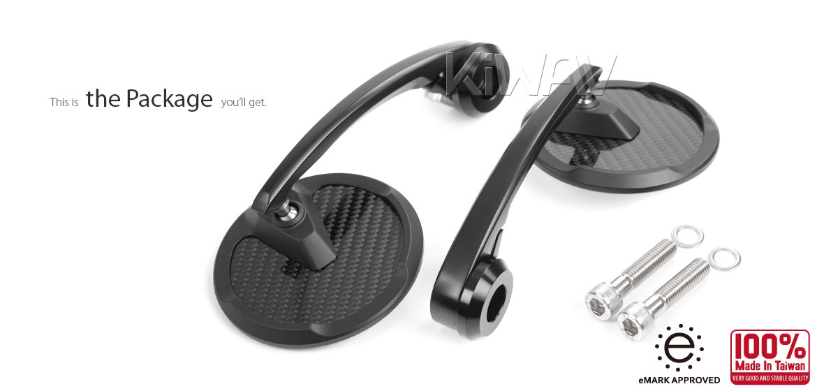 KiWAV bar end mirrors Mamba Round glossy carbon fiber compatible for BMW M10 threaded handlebar