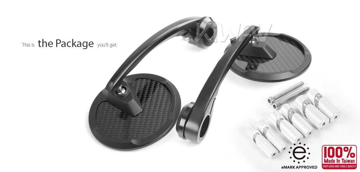 KiWAV glossy carbon fiber bar end mirrors Mamba Round for 7/8, 1, 1-1/4 inch inch hollow end handlebars motorcycles