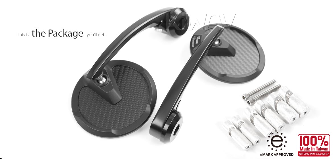 KiWAV matte carbon fiber bar end mirrors Mamba Round for 7/8, 1, 1-1/4 inch inch hollow end handlebars motorcycles