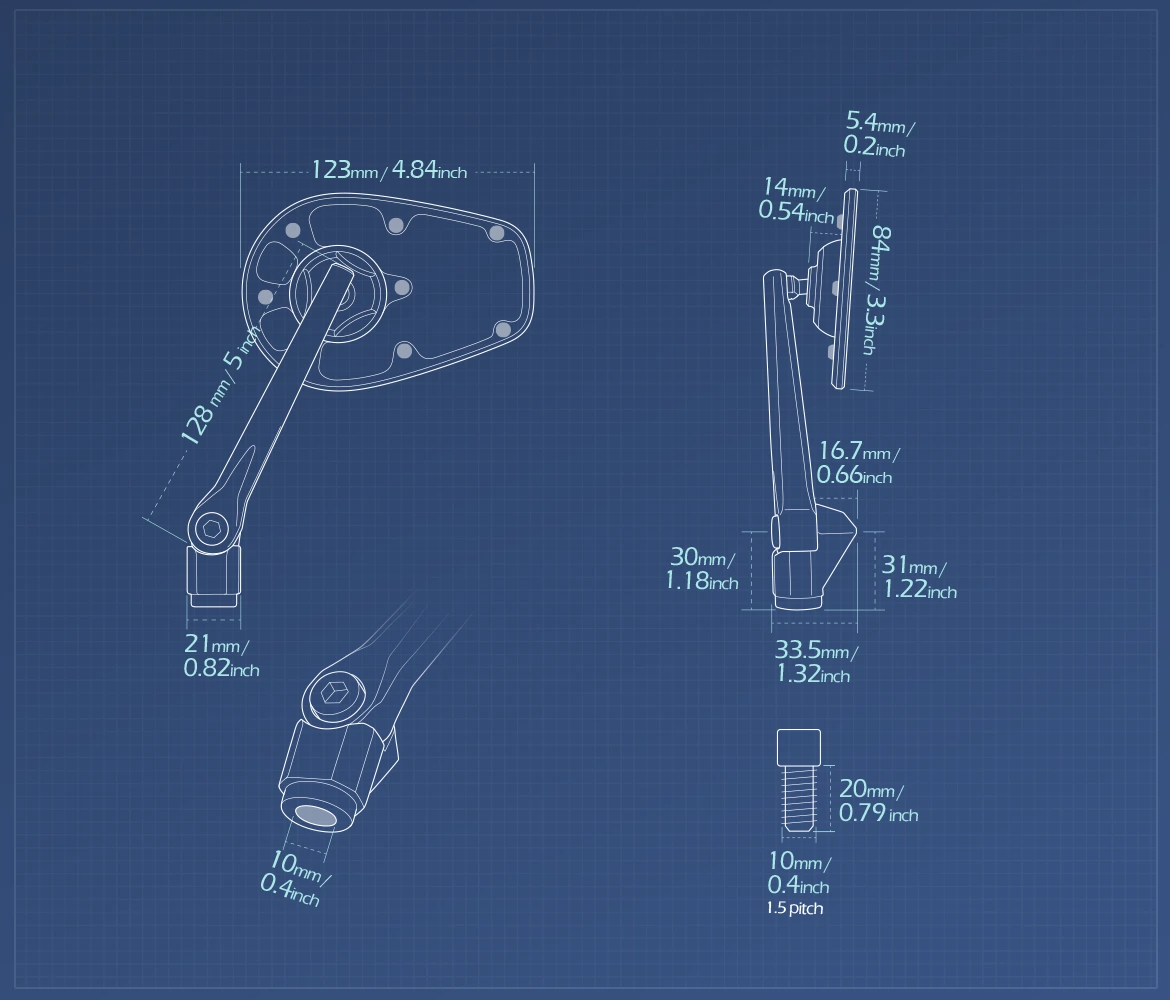 Measurement of KiWAV motorcycle mirrors MambaX a piece compatible with most BMW