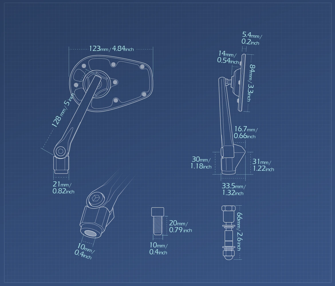 Measurement of KiWAV motorcycle mirrors MambaX a piece compatible with most Harley Davidson, BMW R18