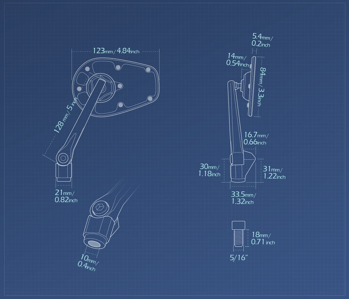 Measurement of KiWAV motorcycle mirrors MambaX a piece compatible with Harley Davidson Street 500/750