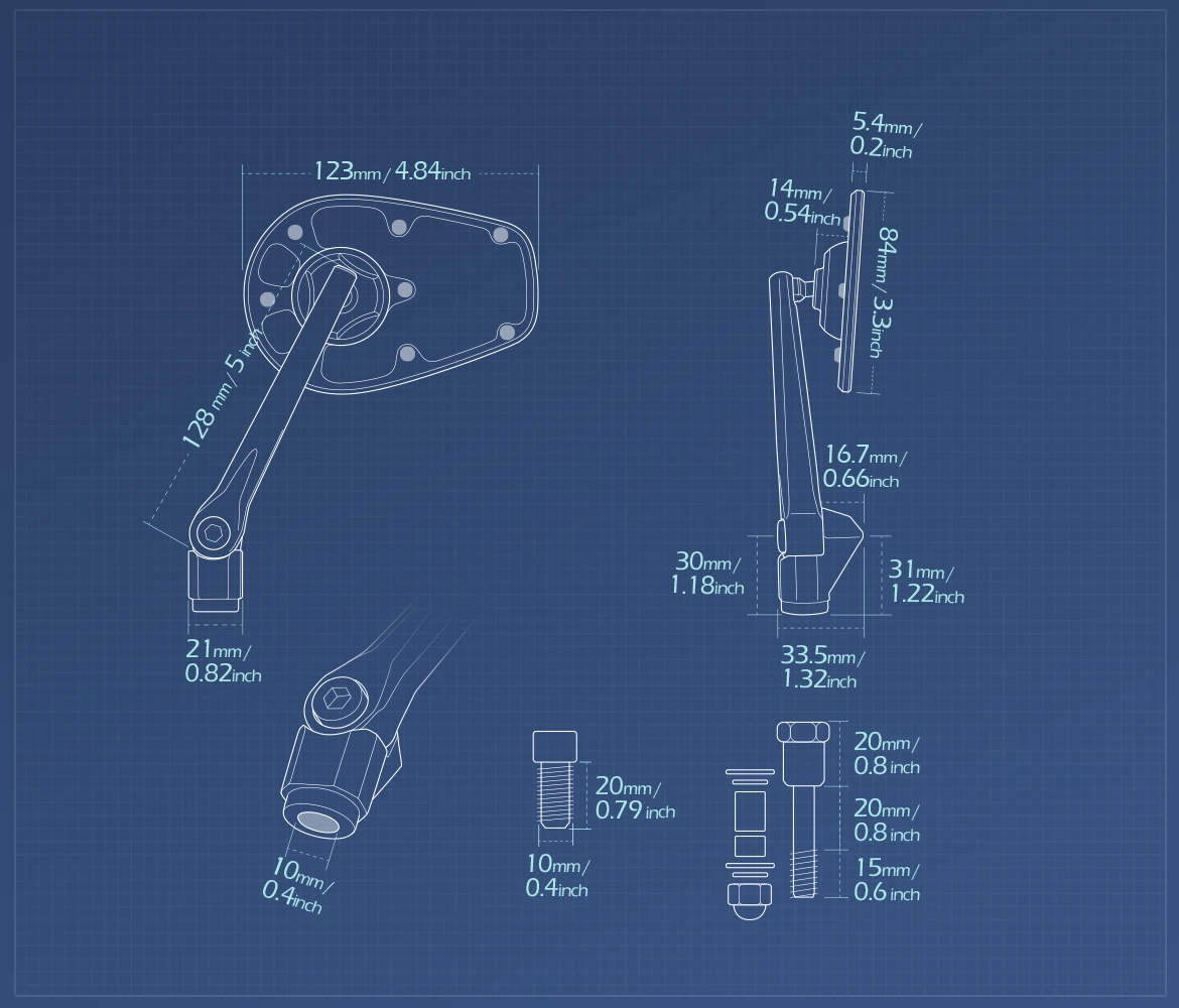 Measurement of KiWAV motorcycle mirrors MambaX a piece compatible with Triumph 25mm handlebar and go-through mounts