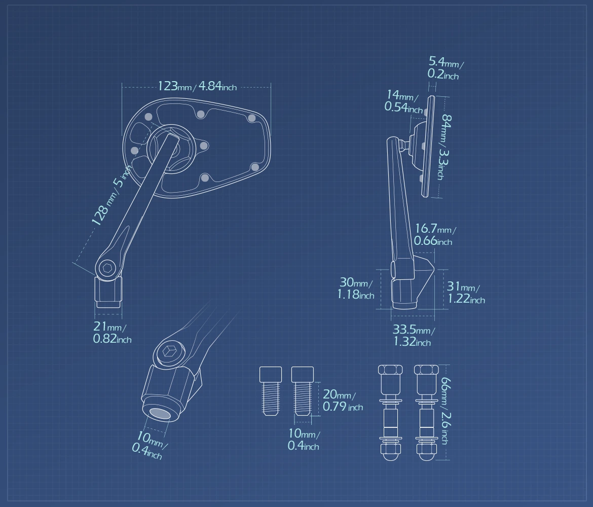 Measurement of KiWAV motorcycle mirrors MambaX a pair compatible with most Harley Davidson, BMW R18