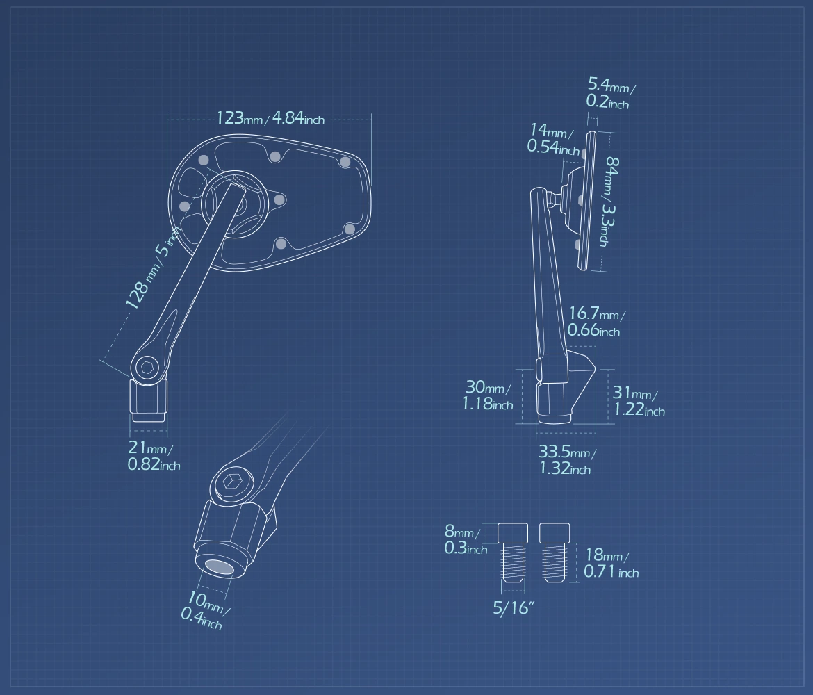Measurement of KiWAV motorcycle mirrors MambaX a pair compatible with Harley Davidson Street 500/750