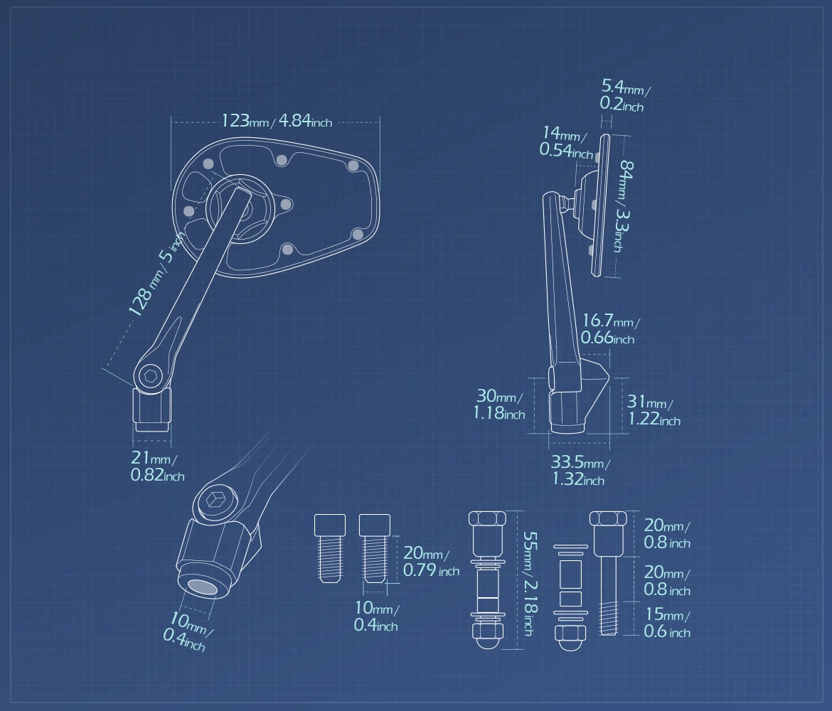 Measurement of KiWAV motorcycle mirrors MambaX a pair compatible with Triumph 25mm handlebar and go-through mounts