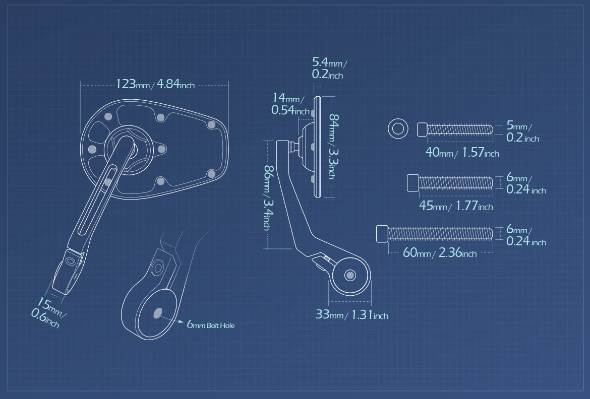 Measurement of KiWAV motorcycle bar end mirror MambaX a piece compatible with Triumph air-cooled models
