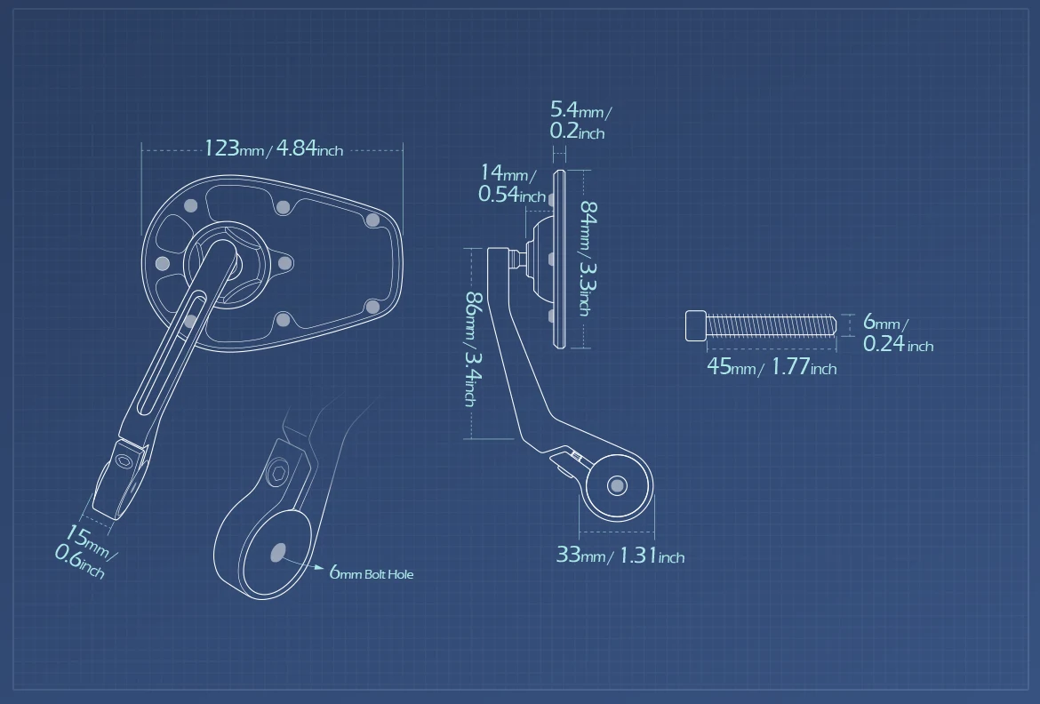 Measurement of KiWAV motorcycle bar end mirror MambaX a piece for M6 threaded handlebars