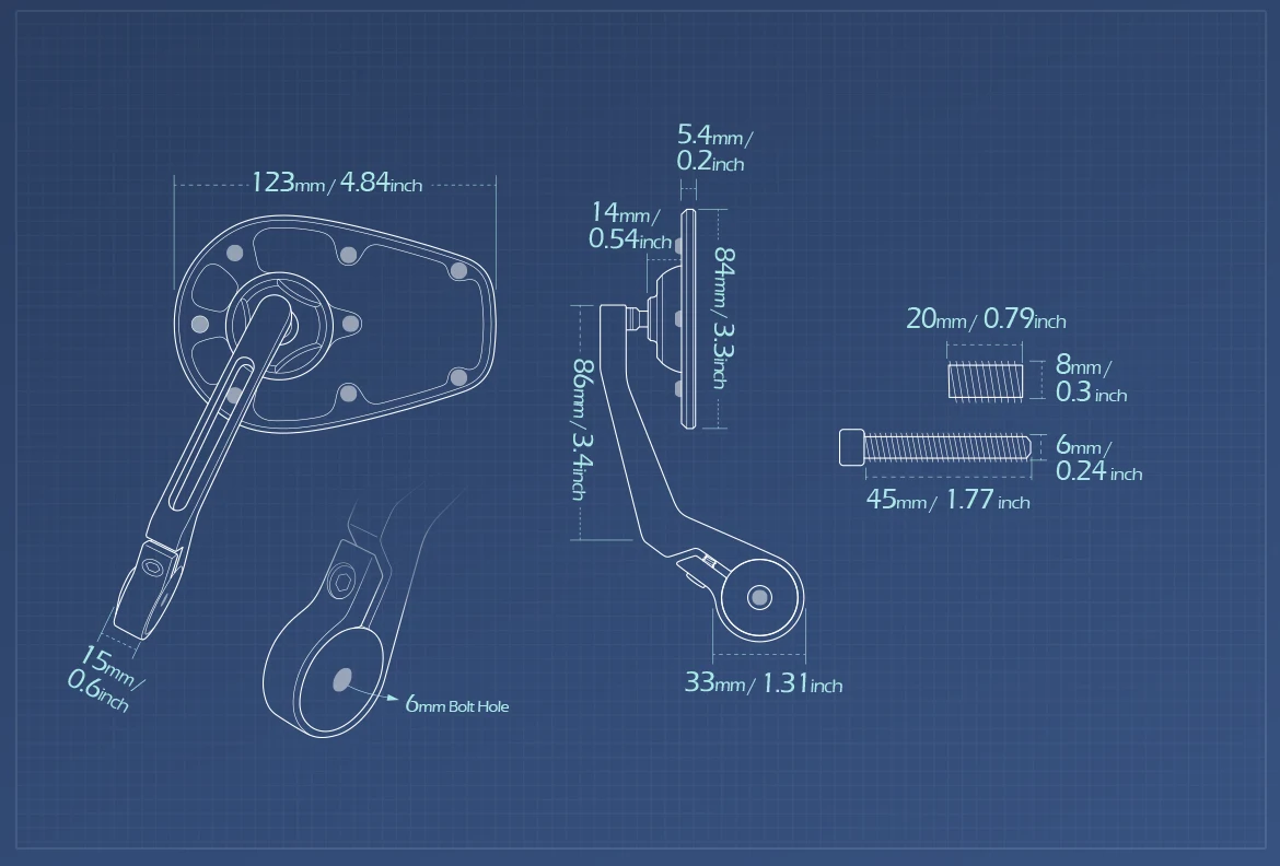 Measurement of KiWAV motorcycle bar end mirror MambaX a piece for M8 threaded handlebars