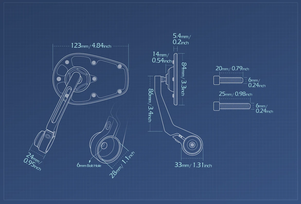 Measurement of KiWAV motorcycle bar end mirror MambaX a piece compatible with Triumph water-cooled models