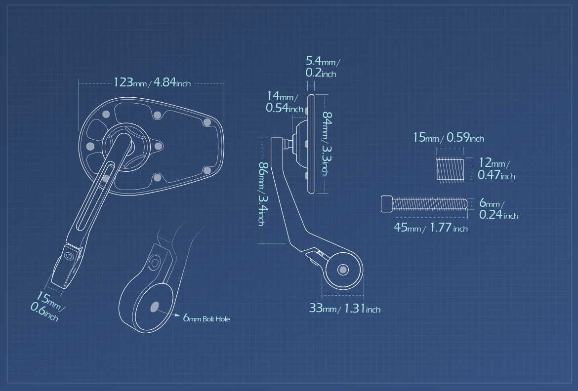 Measurement of KiWAV motorcycle bar end mirror MambaX a piece compatible with BMW M12 threaded handlebar