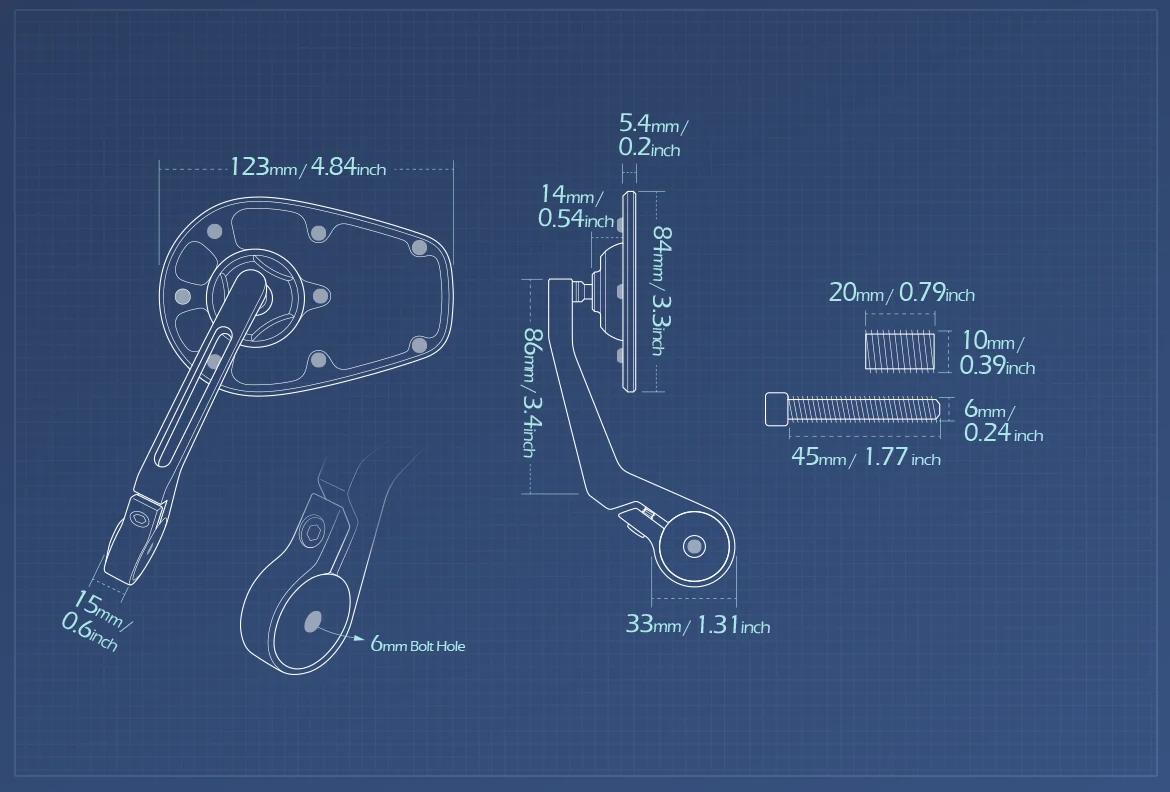Measurement of KiWAV motorcycle bar end mirror MambaX a piece compatible with BMW M10 threaded handlebar