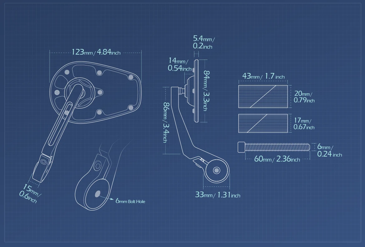 Measurement of KiWAV motorcycle bar end mirror MambaX a piece for 1 & 1-1/4 inch hollow hollow end handlebars