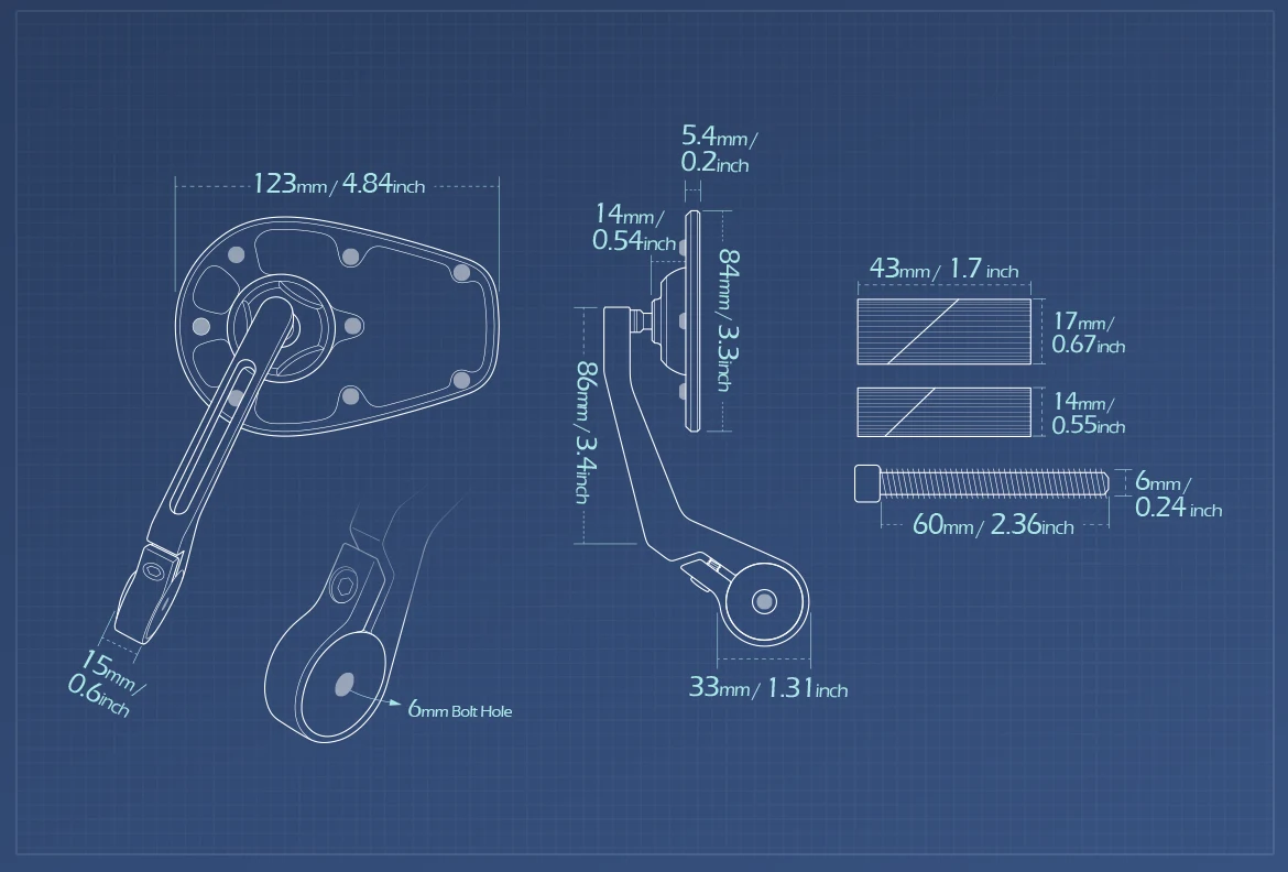 Measurement of KiWAV motorcycle bar end mirror MambaX a piece for 7/8 inch hollow end handlebars