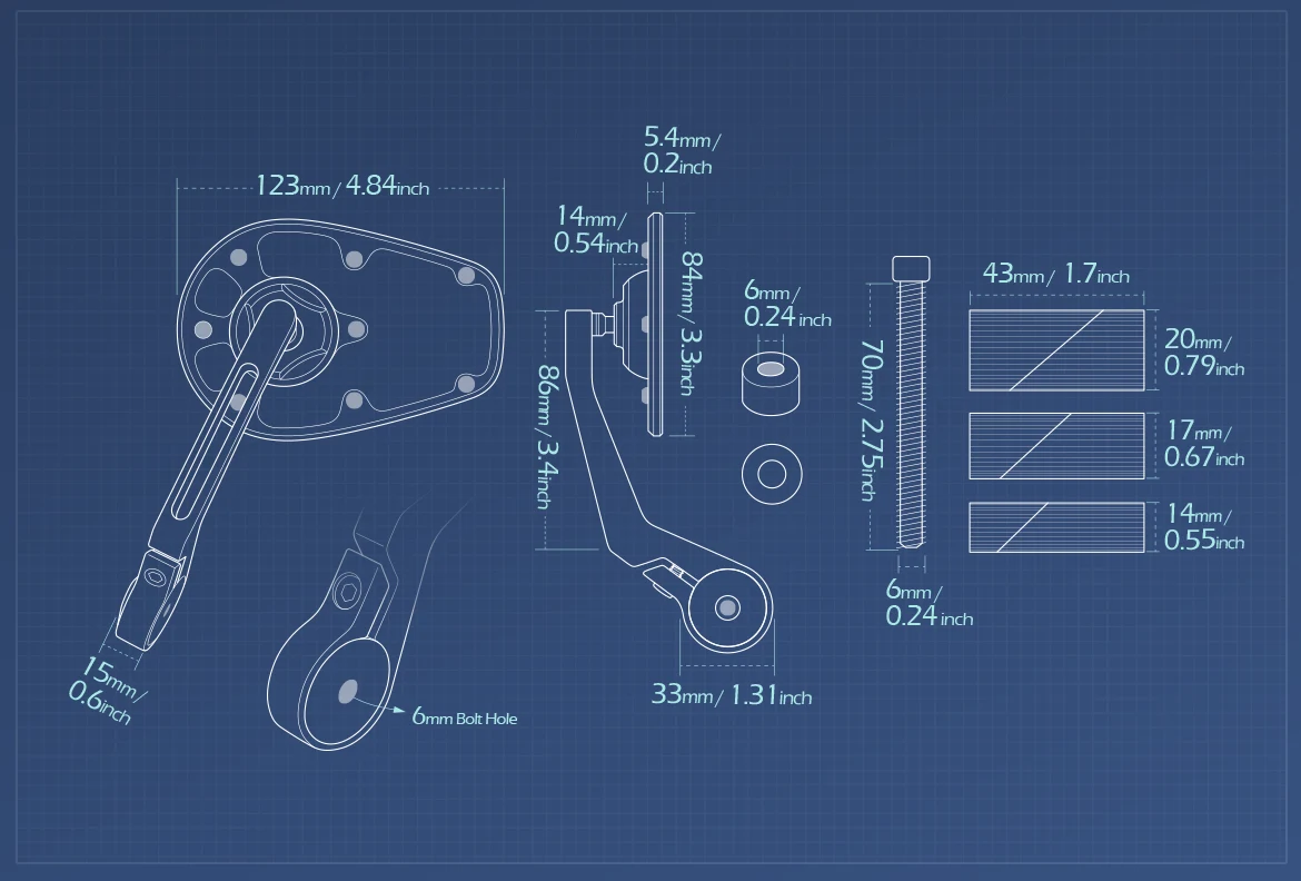 Measurement of KiWAV motorcycle bar end mirror MambaX a piece compatible with Harley Davidson Sportster Dyna Softail XG street
