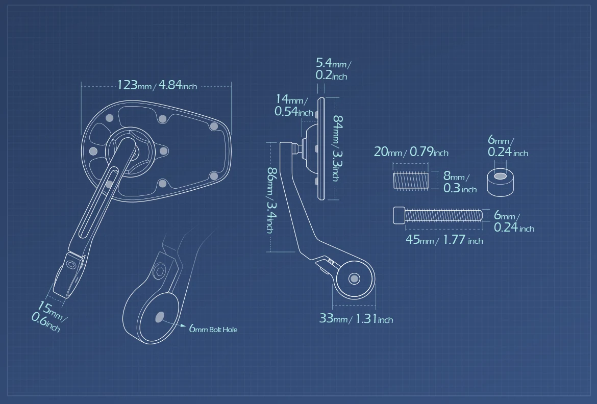Measurement of KiWAV motorcycle bar end mirror MambaX a piece compatible with Indian Scout Bobber