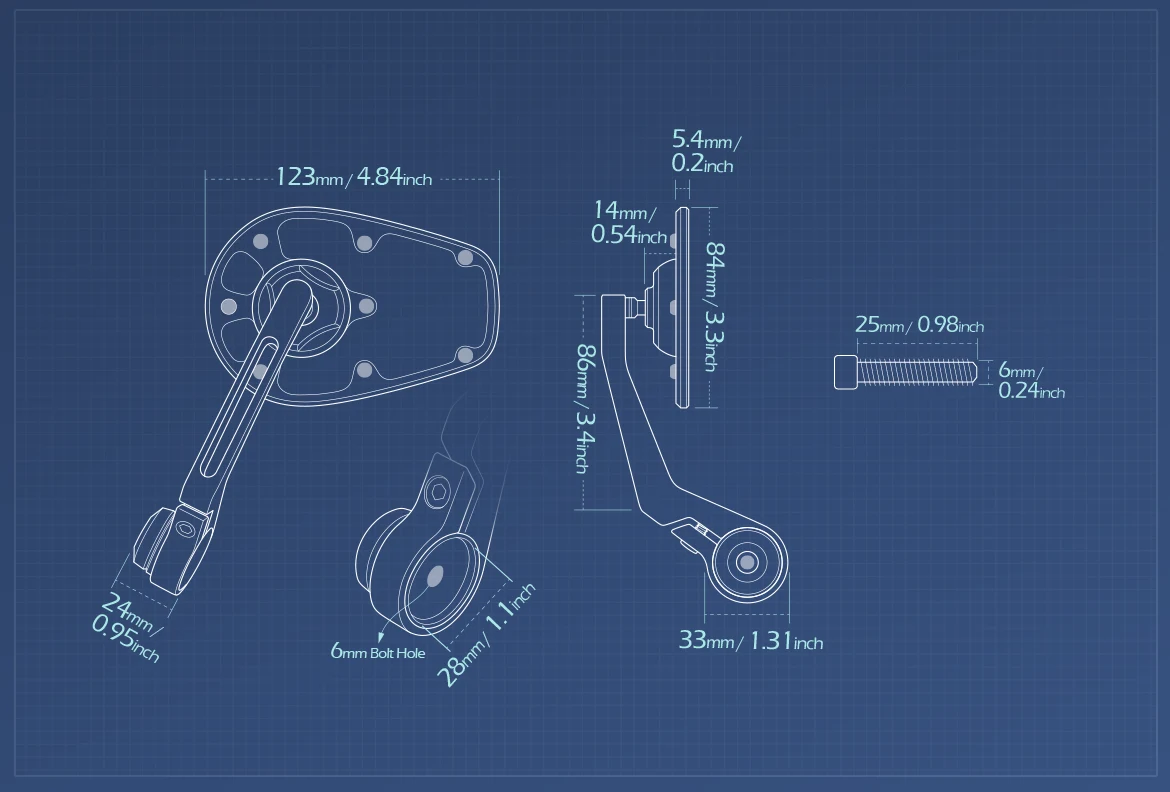 Measurement of KiWAV motorcycle bar end mirror MambaX a piece compatible with Moto Guzzi