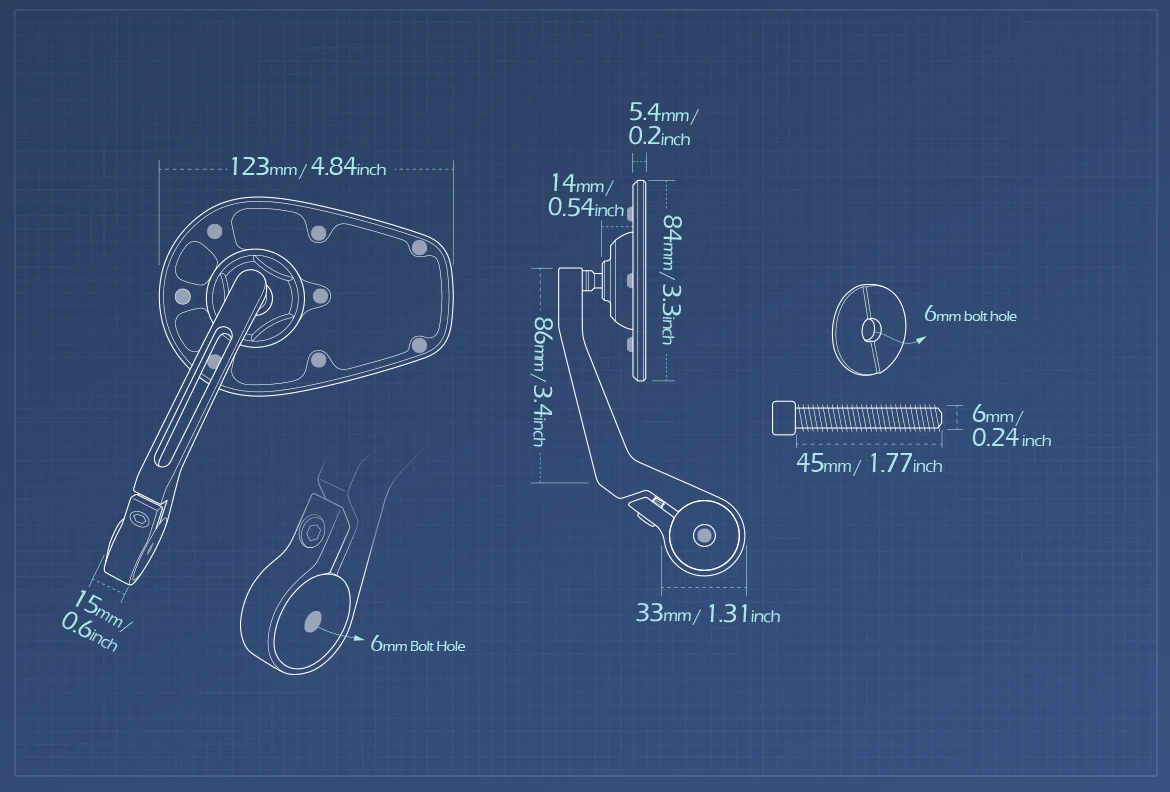 Measurement of KiWAV motorcycle bar end mirror MambaX a piece compatible with Royal Enfield Interceptor 650