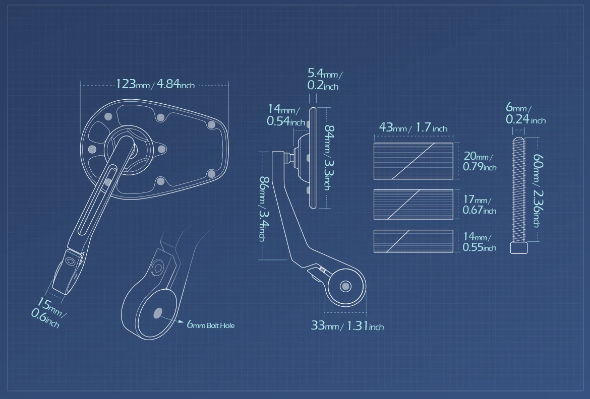 Measurement of KiWAV motorcycle bar end mirror MambaX a piece universal fit for 7/8, 1, 1-1/4 inch hollow end handlebars